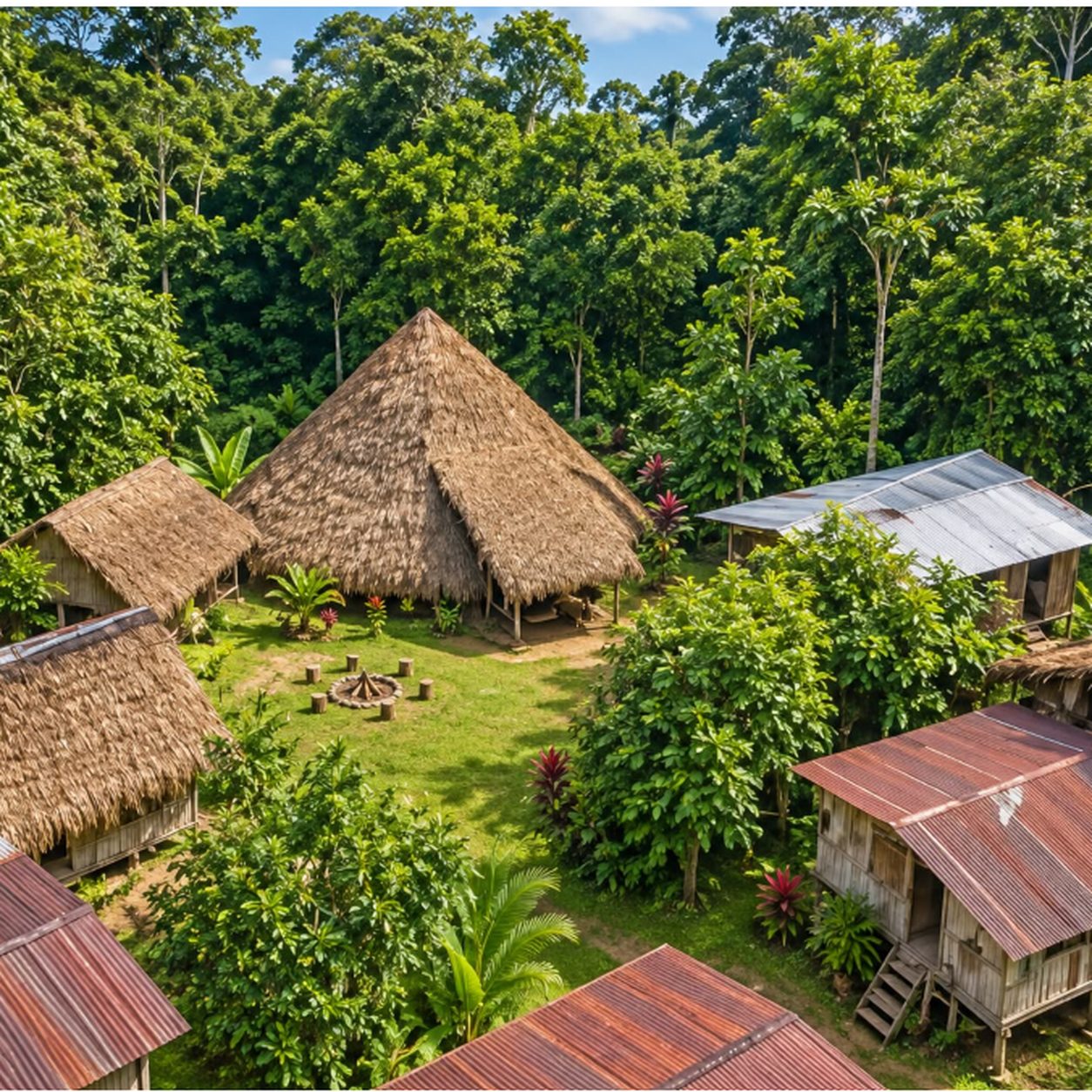 Aerial view of a Bribri indigenous village with traditional thatched-roof ranchos