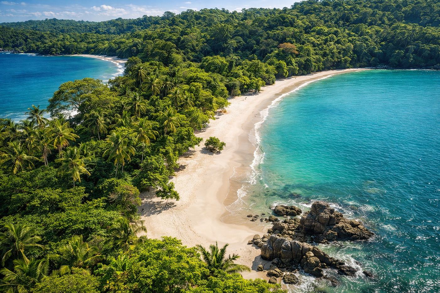 Aerial view of a secluded beach framed by rainforest in Manuel Antonio