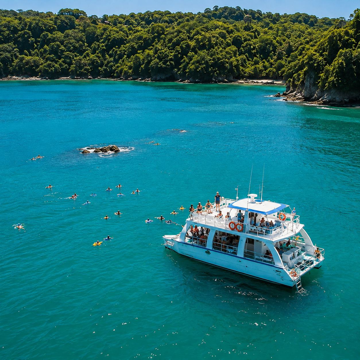 Catamaran full of guests snorkeling in a Manuel Antonio bay