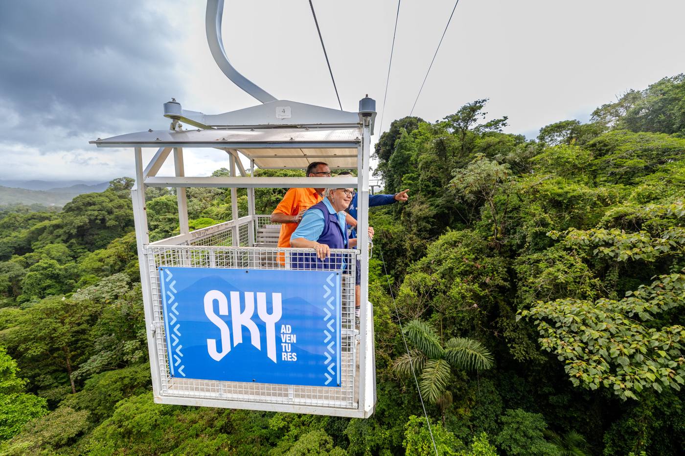Guests riding the Sky Adventures cable car above the Monteverde cloud forest